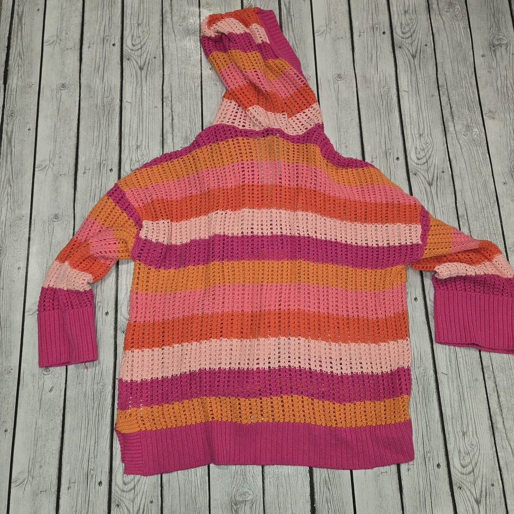 Free Assembly Striped Pink & Orange Crochet Hooded Sweater Womens Size XL - Picture 8 of 8